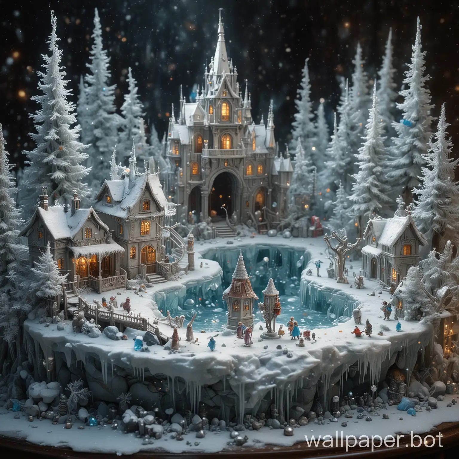 Imagine a magical icy kingdom filled with frost and sparkling mini crystal creatures and crystal clear landscapes isnow and ice shook the entire area and everything around, decoupage, magical New Year's composition with brightly lit edges, Nicoletta style. Ceccoli, intricate details, octane number, clarity, sharpness, realism, 32k, cinematic, play of light and shadow, ultra-high detail, Artstation, perfectly centered composition