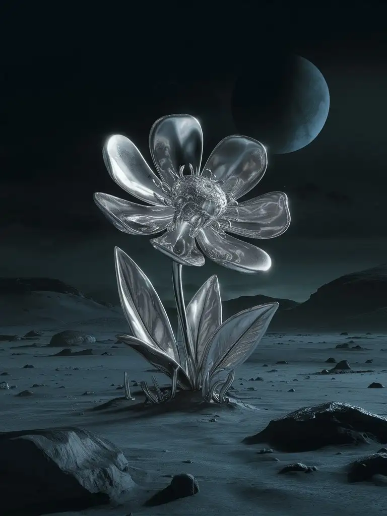 A chrome metallic flower growing on the surface of a foreign planet in the middle of the night