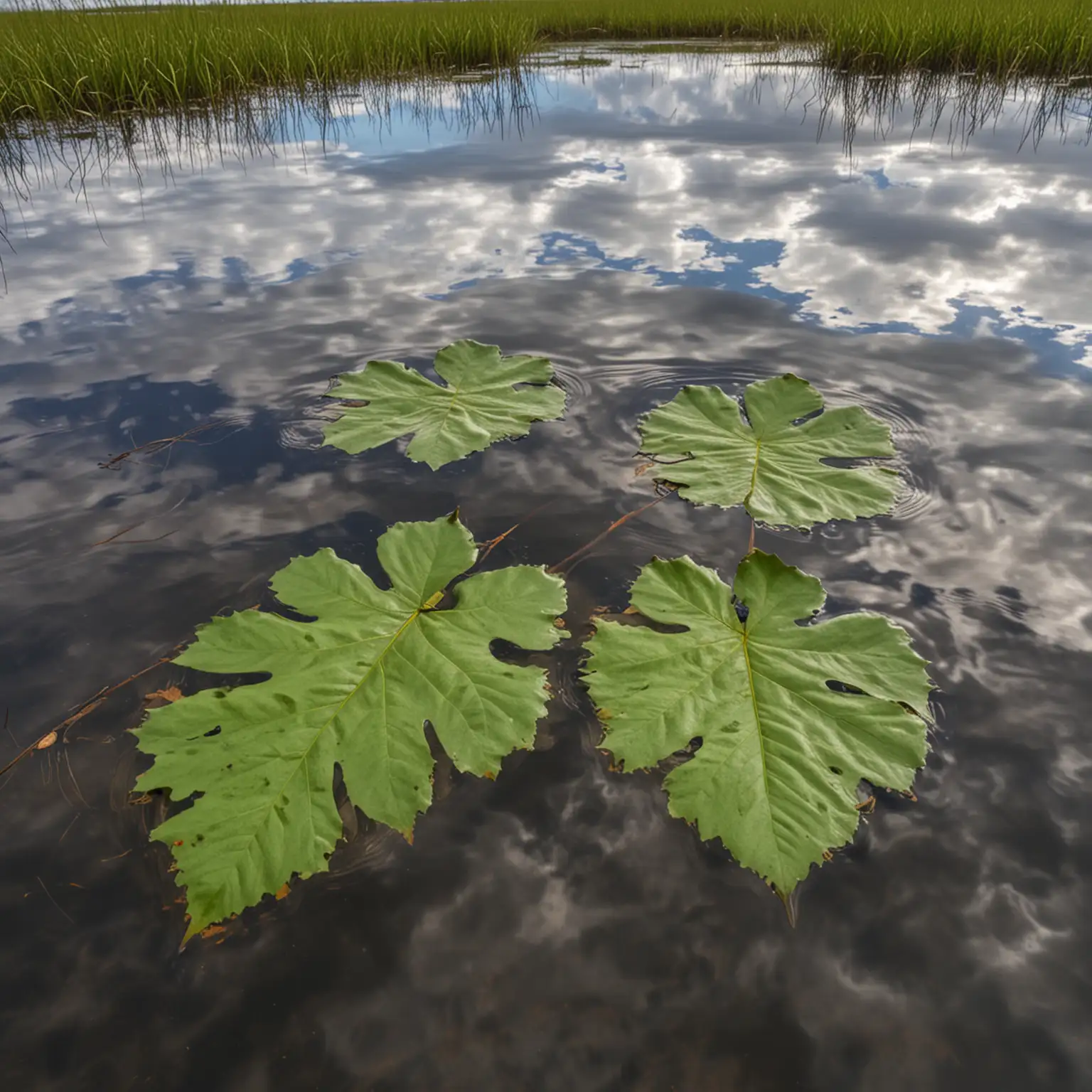 Reflection of Three Large Leaves in Wavy Water Surrounded by Swampy Land