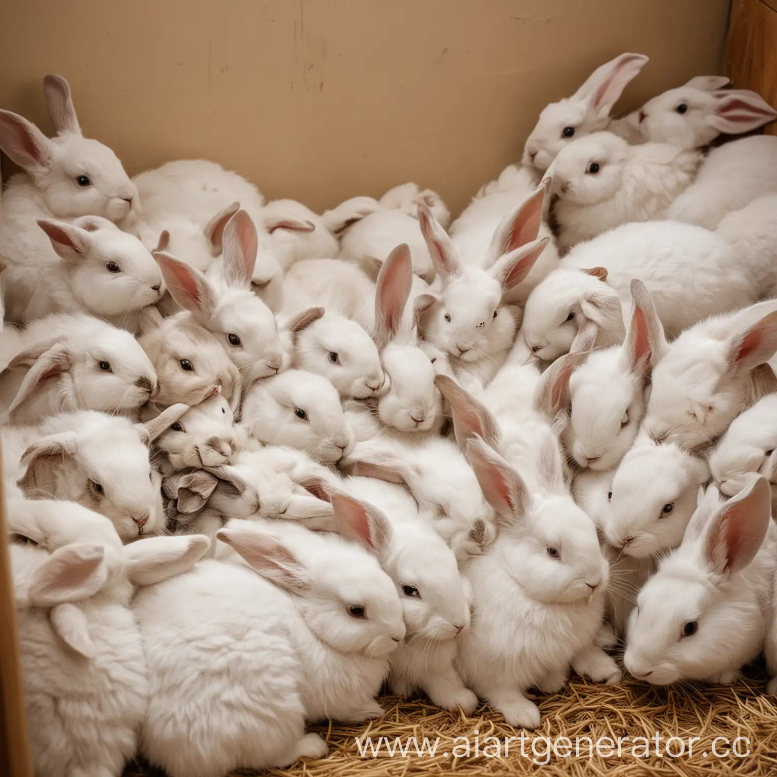 A lot of rabbits, white and fluffy, in a small room. These rabbits are squeezing each other, they are cramped in a small room.