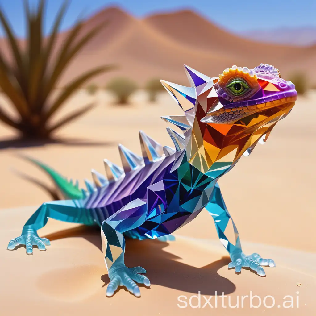 figura de cristal de una lagartija crista colorido en un desierto 