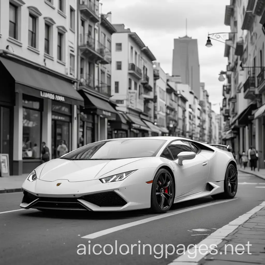 a lamborgini huracan in the city with a lamborgini uros, Coloring Page, black and white, line art, white background, Simplicity, Ample White Space. The background of the coloring page is plain white to make it easy for young children to color within the lines. The outlines of all the subjects are easy to distinguish, making it simple for kids to color without too much difficulty