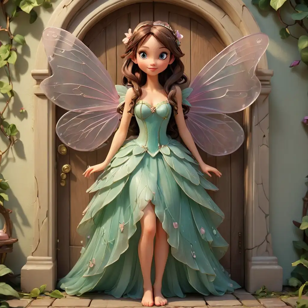 A beautiful fairy, 3D. Disney Style, large fairy wings, long dress, one fairy, fairy door
