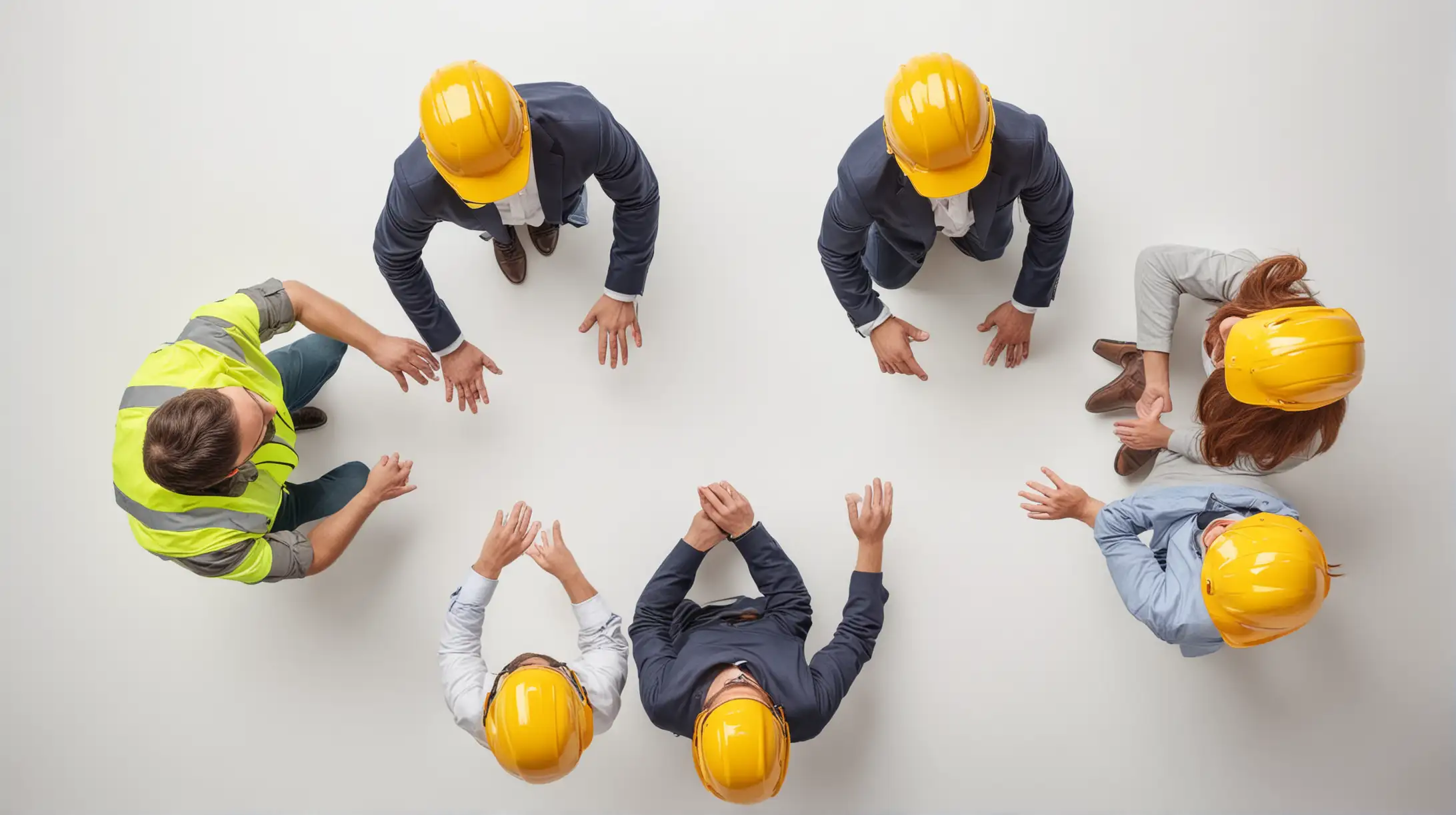 Top View Construction Workers in Hard Hats on White Background