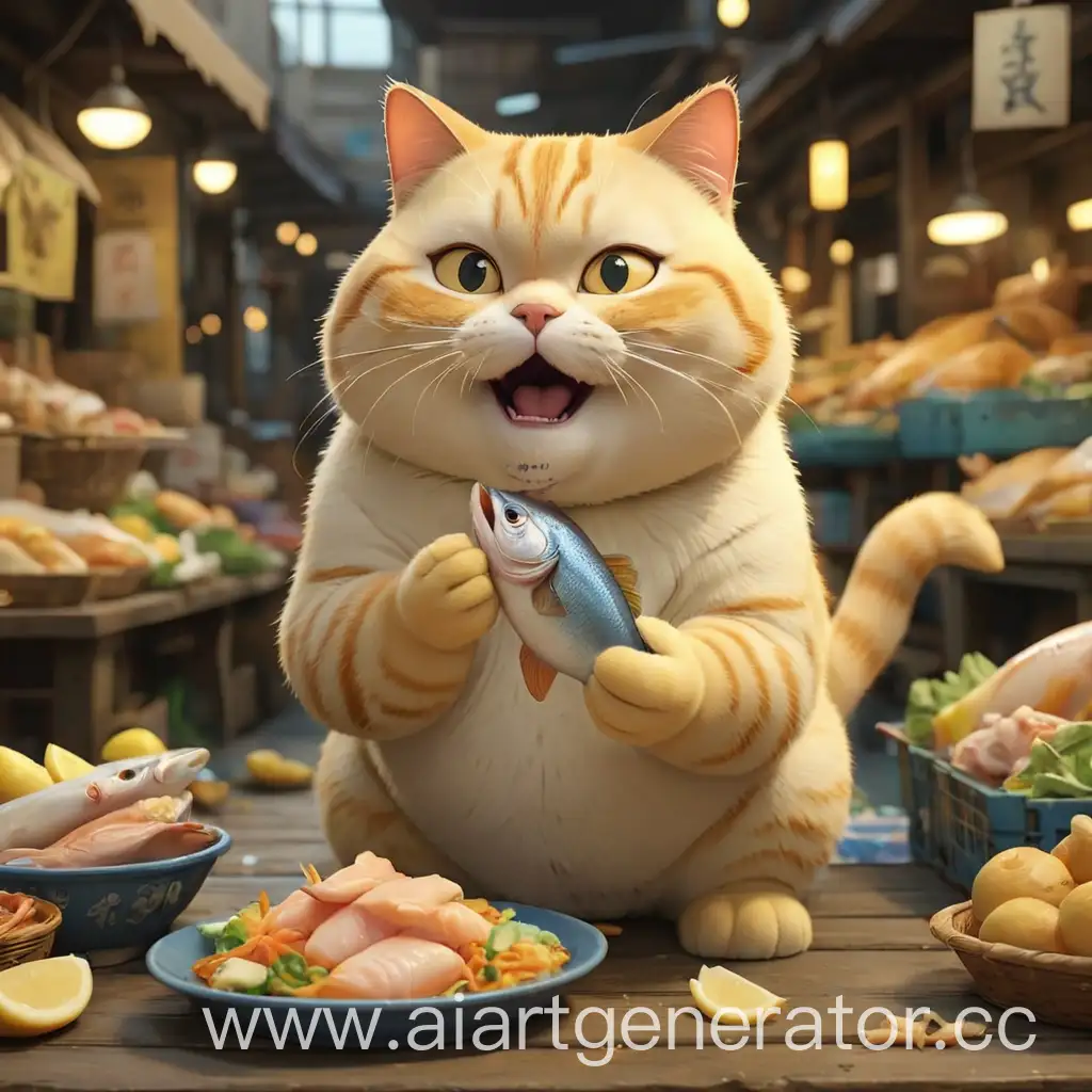 create a 3D rendering of an animated yellow fat cat eating fish in the market. The hero should be blond and fat. Let the picture show a cat eating fish from a store in the market