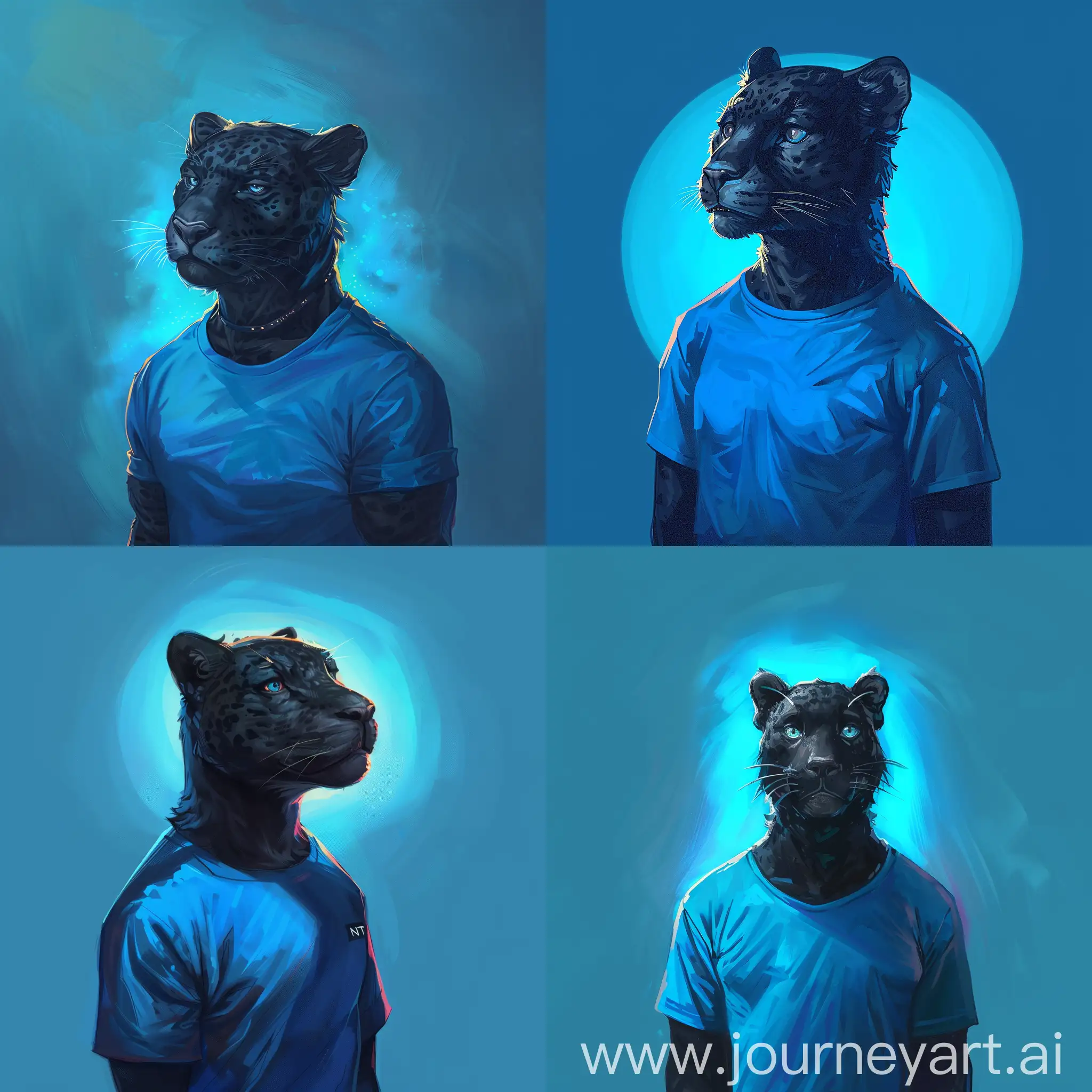 Enoch bolles art style of  , black jaguar as a suave human man, dressed in a vibrant blue  t-shirt , NFT profile picture, whimsical, textured brushwork, gentle facial expression, front view. 8k``` bright glowing blue background