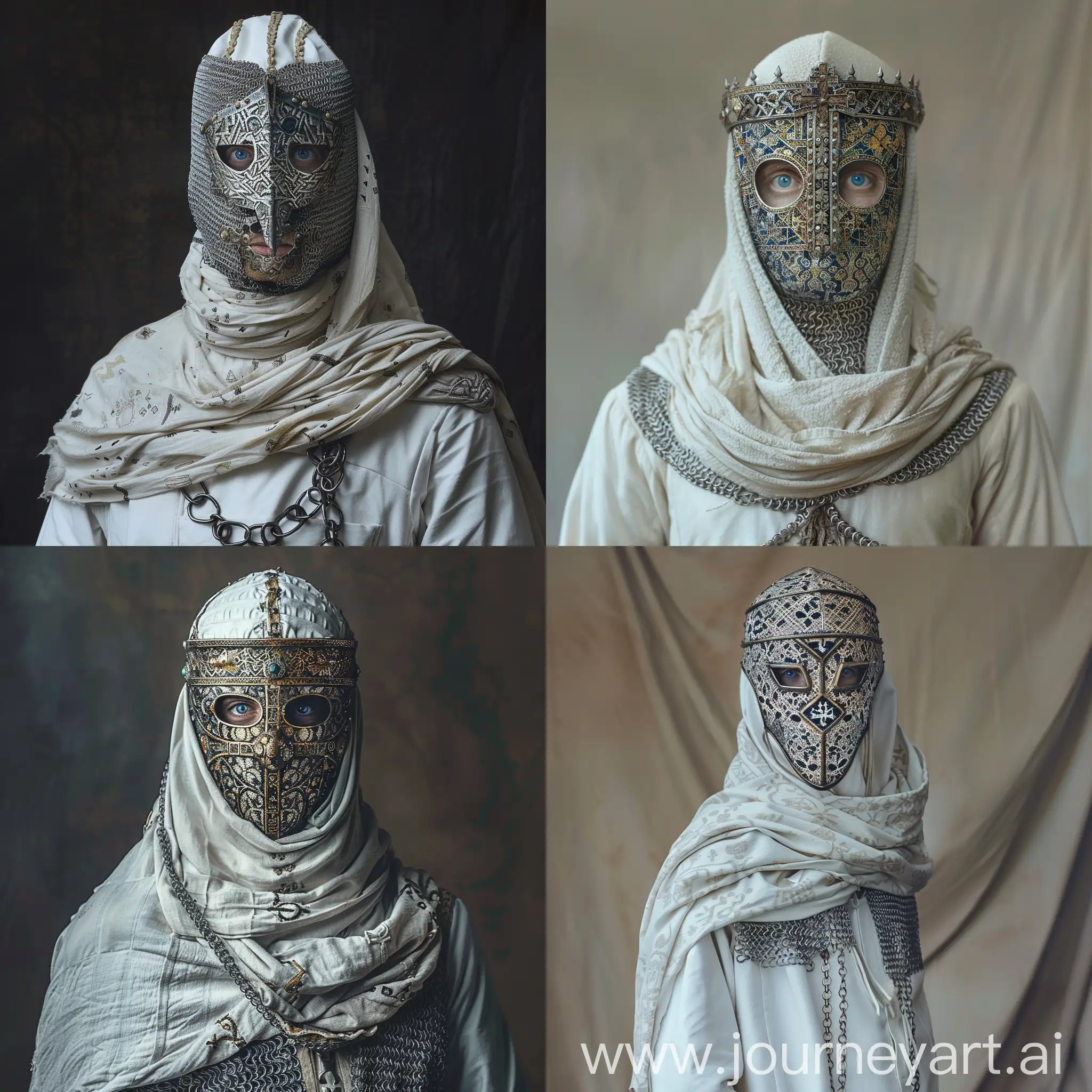 King Baldwin 4, wearing a white uniform covering his entire body, with chain mail on top. On his head is a shawl of cloth as long as his shoulders, on his face is an iron mask with patterns, through which only his blue eyes are visible
