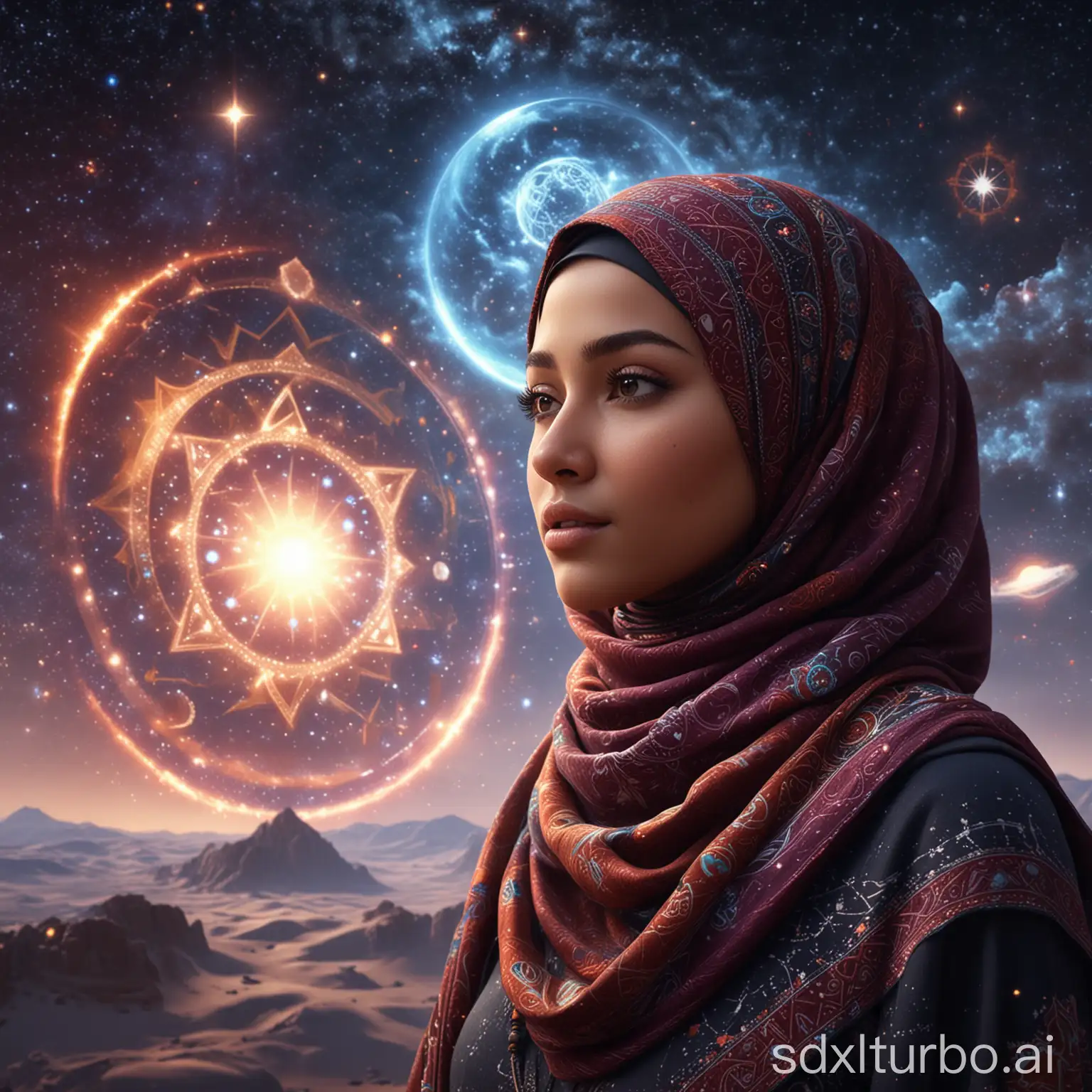 powerful beauty muslim girl in hijab  embarking on a celestial journey, surrounded by vibrant cosmic energies and divine symbols, realistic, hd graphics, unreal engine, hyper realistic, cinematic lighting