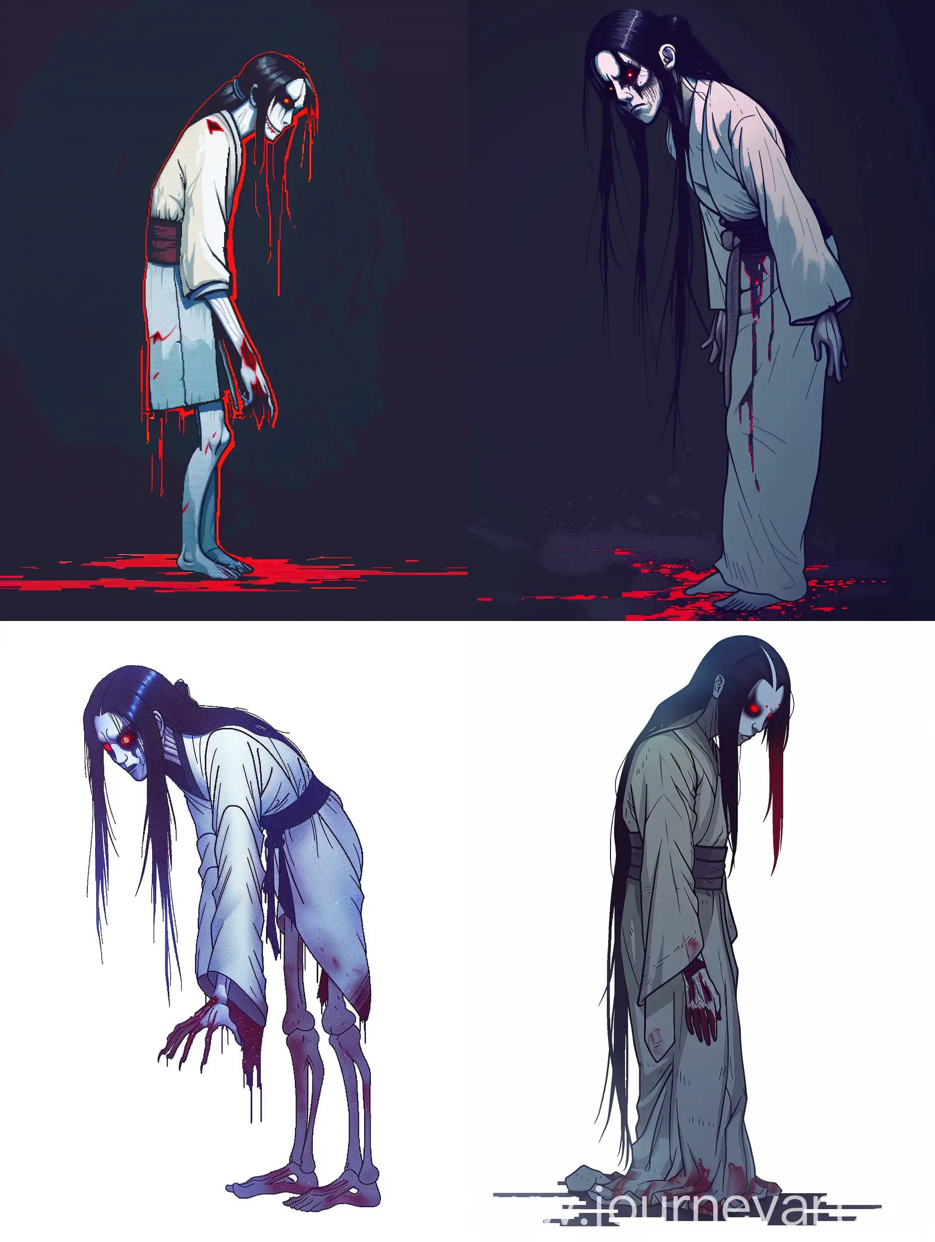 vengeful spirit, concept art in color, horror character, 2d style, side view, full length, pixel art