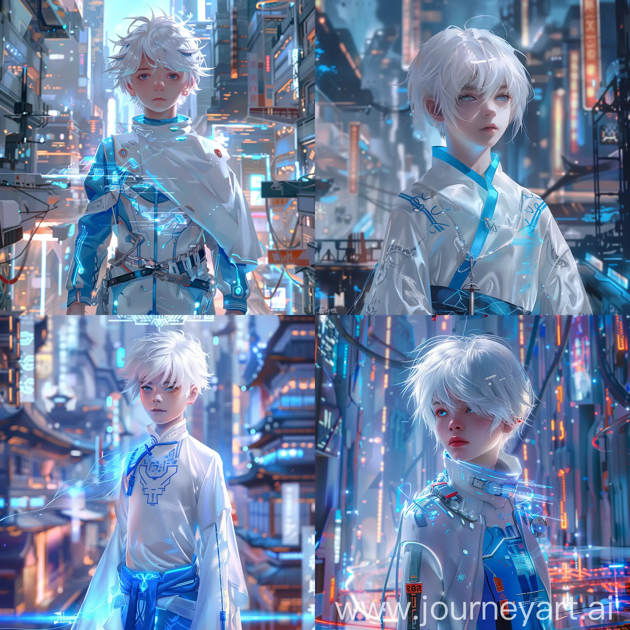 Highest image quality, outstanding details, ultra-high resolution, (realism: 1.4), the best illustration, favor details, highly condensed 1boy, with a delicate face, dressed in a white and blue modern clothes, white hair, the background is a high-tech lighting scene of the future city.