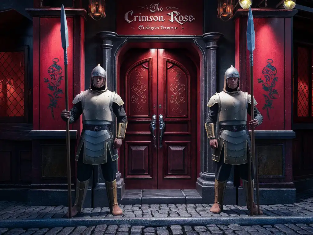 An image of two guards standing outside a high class tavern door called the crimson rose, simple amour and helmets, spears, red atmosphere, detailed fantasy style