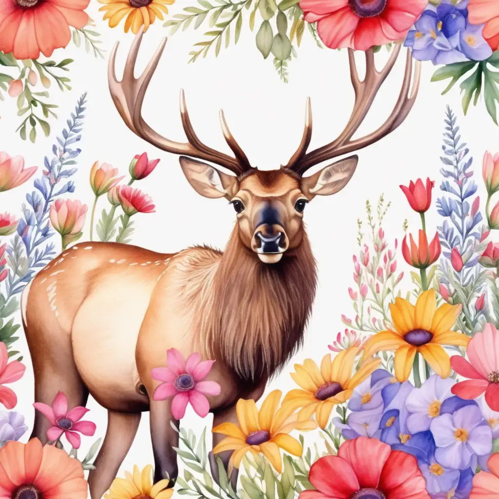 Elk Amidst Vibrant Floral Meadow Watercolor Wildlife Art