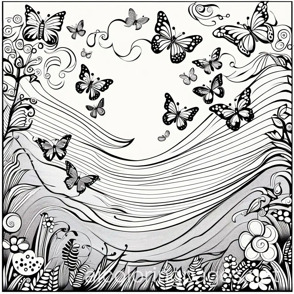 Tons of beautiful butterflys flying in the sky, Coloring Page, black and white, line art, white background, Simplicity, Ample White Space. The background of the coloring page is plain white to make it easy for young children to color within the lines. The outlines of all the subjects are easy to distinguish, making it simple for kids to color without too much difficulty