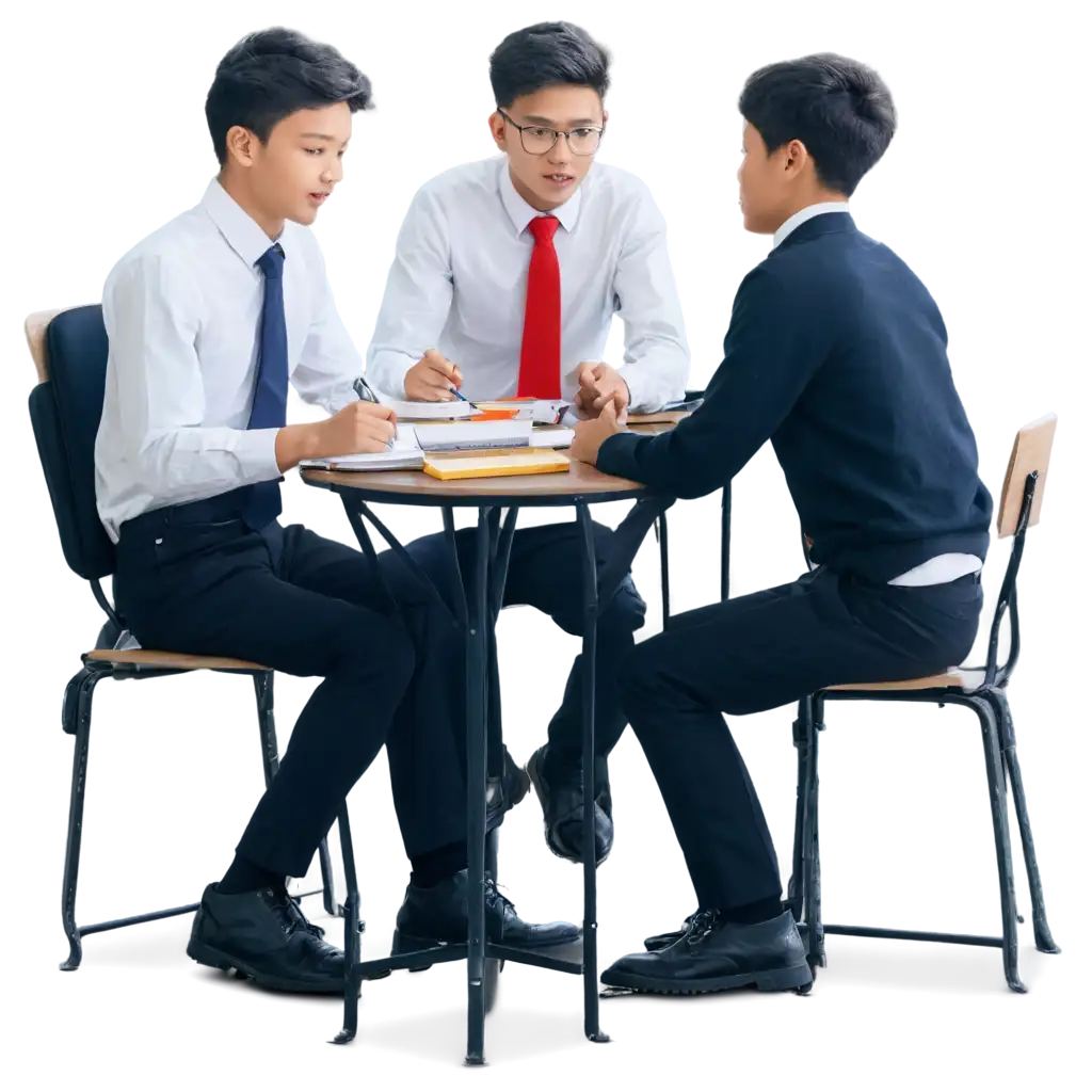 Four-Boy-Students-in-School-Uniforms-PNG-Intense-Study-Session-Around-Round-Table