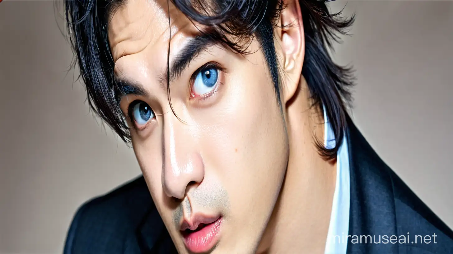 sexy man with blue eyes and korean hair style with angry expression 