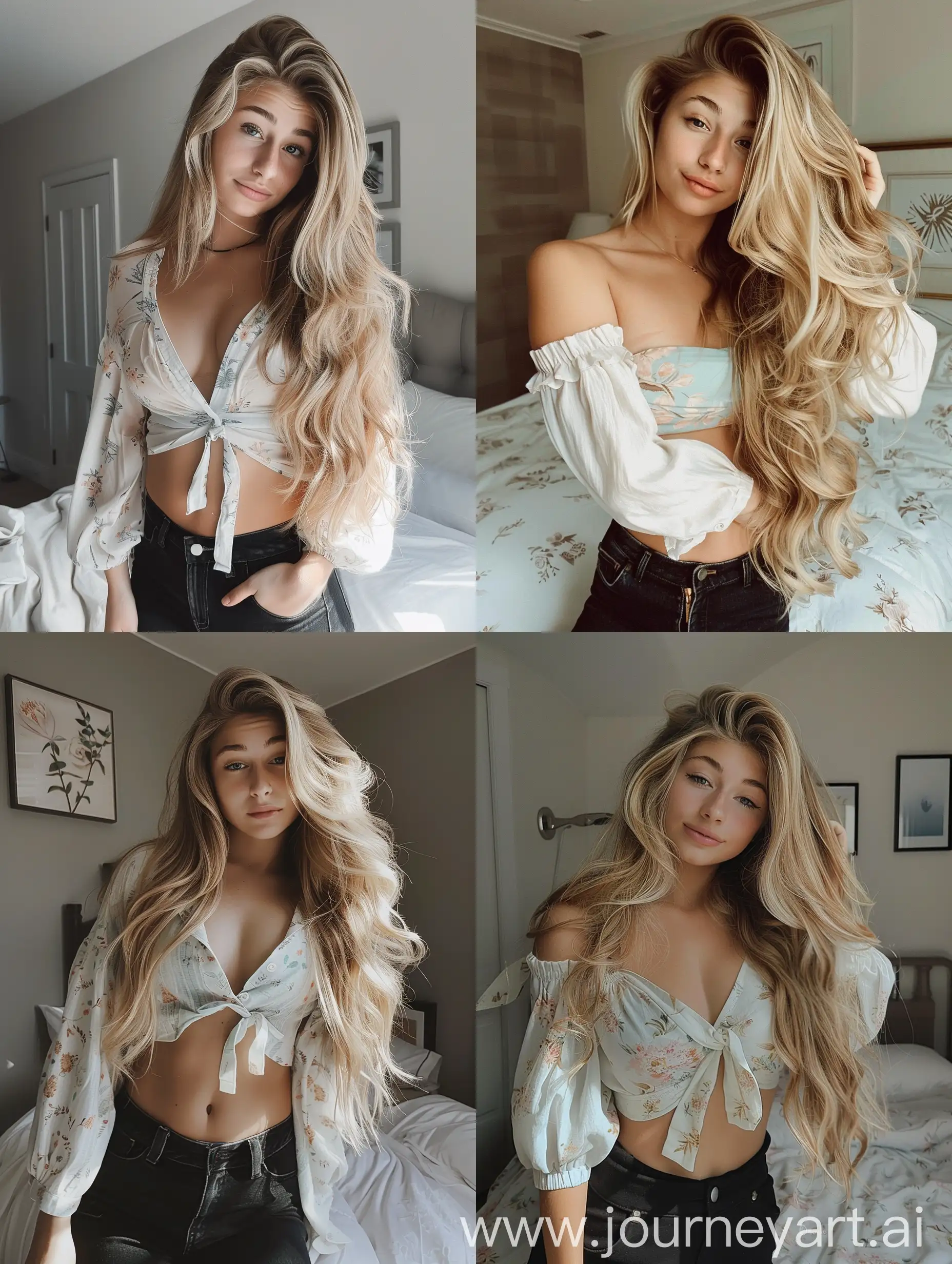 1 girl, 19 years old,  blond hair, at bedroom,  , , makeup, beauty, white blouse, black pants,  fitness
