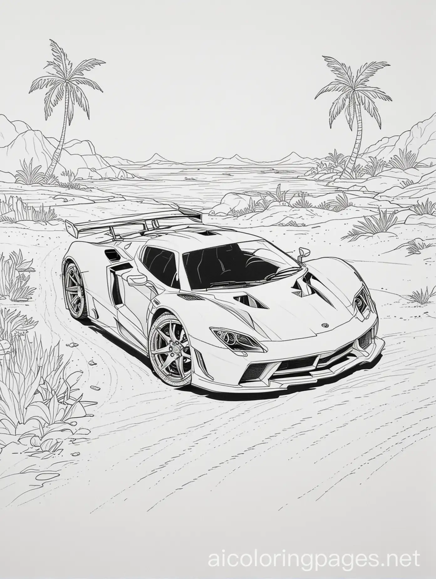 sportcar on deserted island, Coloring Page, black and white, line art, white background, Simplicity, Ample White Space. The background of the coloring page is plain white to make it easy for young children to color within the lines. The outlines of all the subjects are easy to distinguish, making it simple for kids to color without too much difficulty, Coloring Page, black and white, line art, white background, Simplicity, Ample White Space. The background of the coloring page is plain white to make it easy for young children to color within the lines. The outlines of all the subjects are easy to distinguish, making it simple for kids to color without too much difficulty