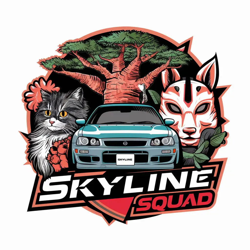 логотип "Skyline Squad"  с баобабом, котом, маской кицуне и машиной Nissan Skyline,