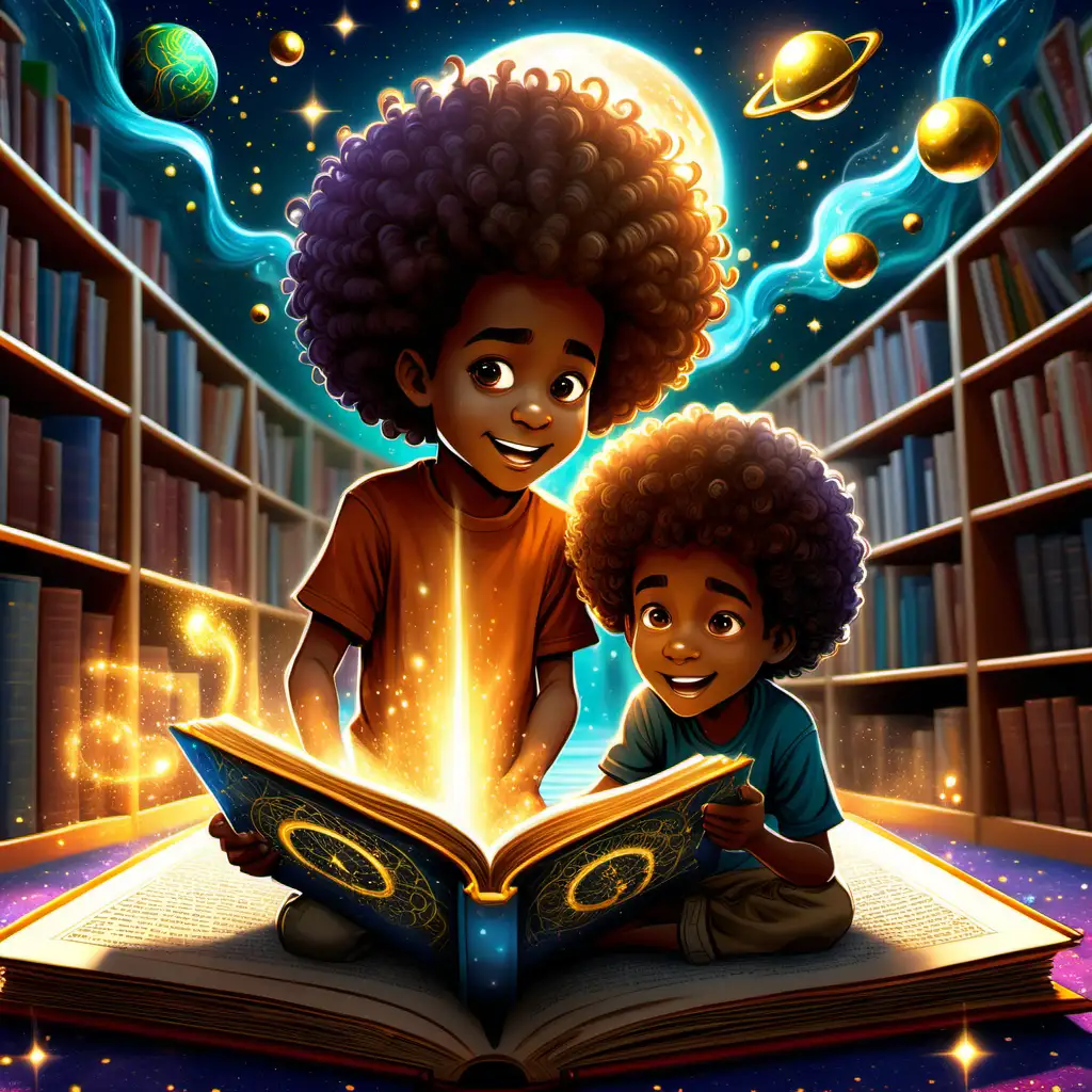 cartoon two young African American boys with big curly afro, ages 3 and 6, sitting on a cozy rug in a library. One boy is opening a large, ancient magical book with golden edges. As the book opens, glowing light and magical particles are emerging, showing glimpses of different worlds like underwater cities, outer space, and enchanted forests. The boys' faces are lit with wonder and excitement. Digital art, vibrant colors, and magical elements