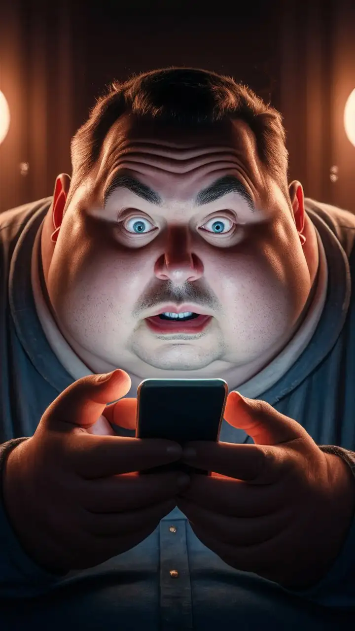 Surprised Overweight Man Staring at Phone Screen with Bright Reflection