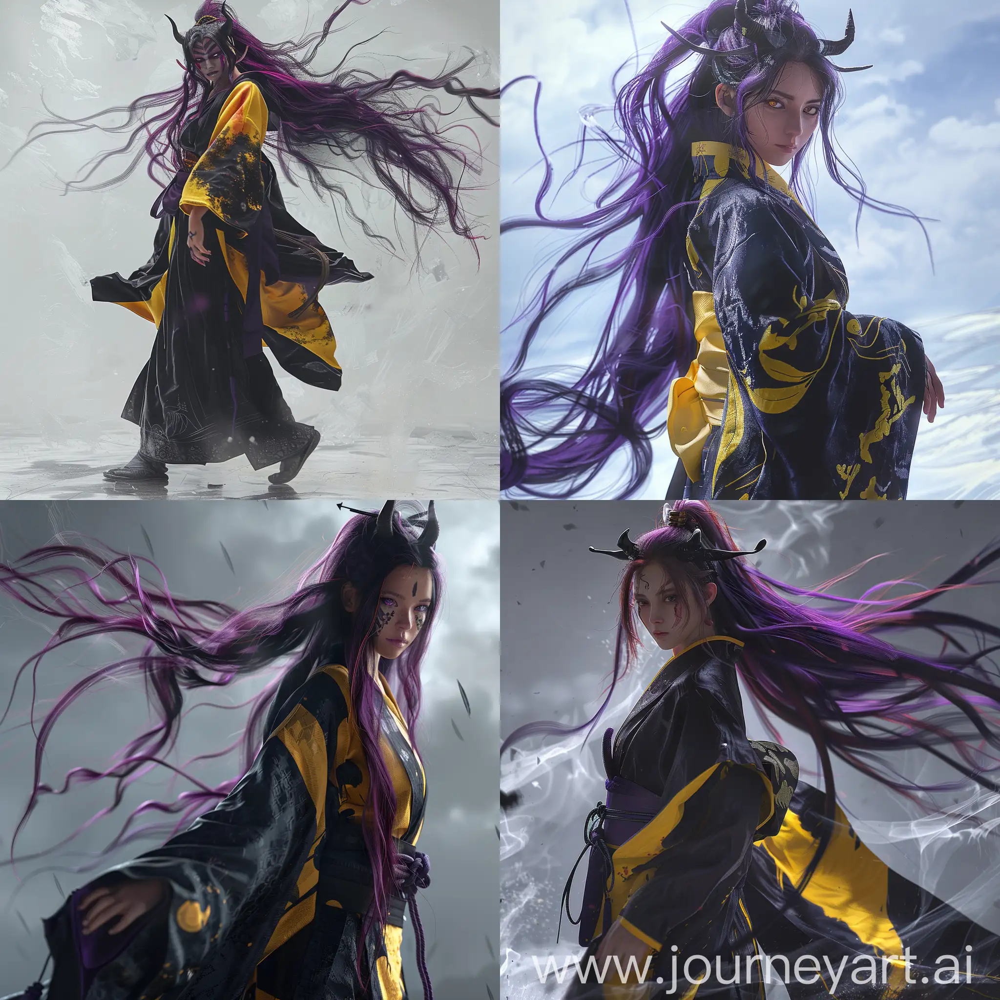 Dynamic pose, japanese demon Oni in black and yellow kimono, long purple hair, looking at camera, standing half sideways, full body pose, realism, super detailed beautiful fantasy background with wind, cinematic, 8k, hd