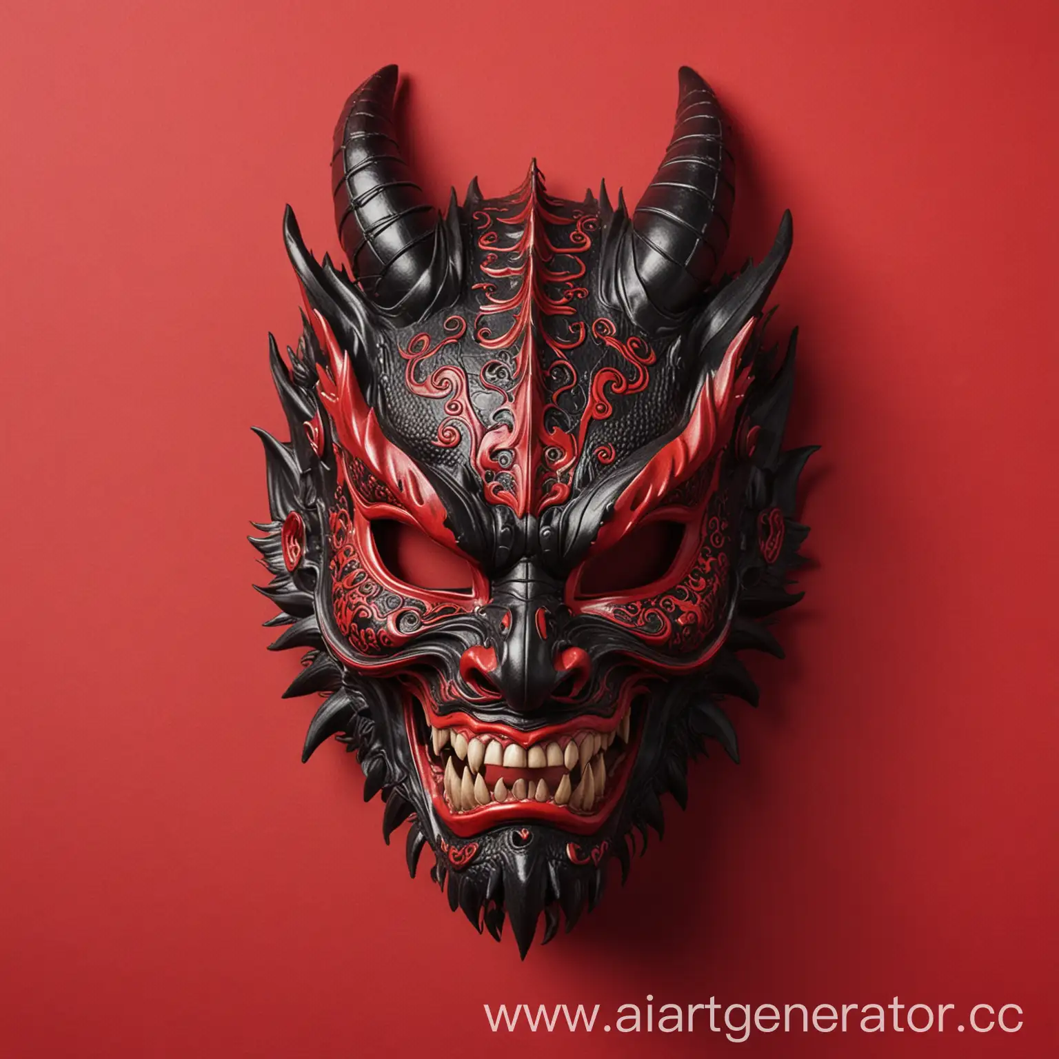 черная,японская маска дракона на красном фоне
