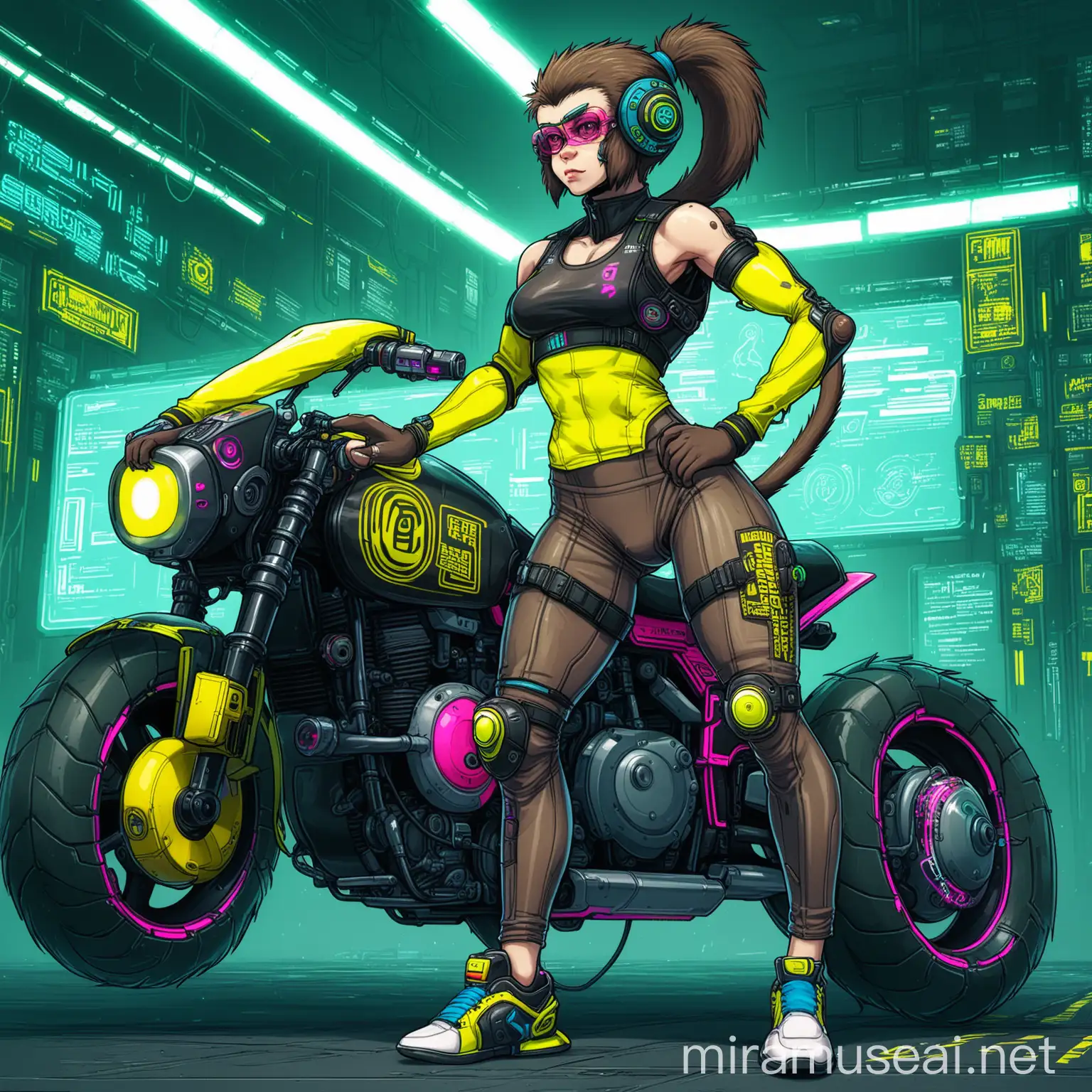 cyberpunk female monkey athlete with monkeytail and Motorcyclearmor as clothes
