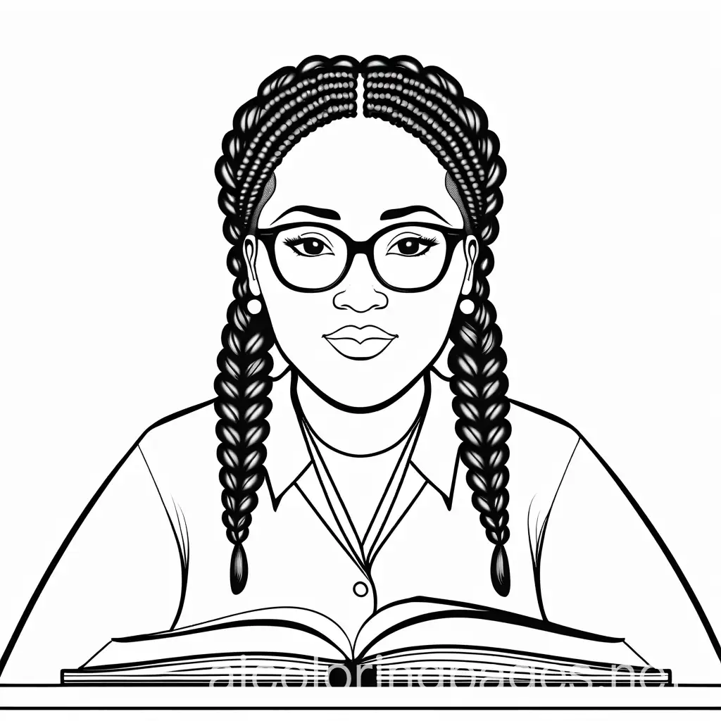 Black plus size
 librarian with braids, Coloring Page, black and white, line art, white background, Simplicity, Ample White Space. The background of the coloring page is plain white to make it easy for young children to color within the lines. The outlines of all the subjects are easy to distinguish, making it simple for kids to color without too much difficulty
