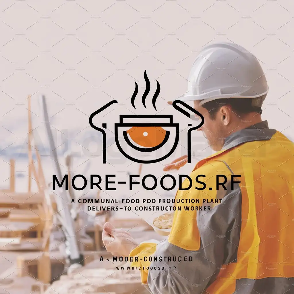 a logo design,with the text "More-foods.rf", main symbol:Hot useful food. Nearby hard hat constructor. Logo for a communal food production plant for delivering food to construction sites,Moderate,be used in Retail industry,clear background