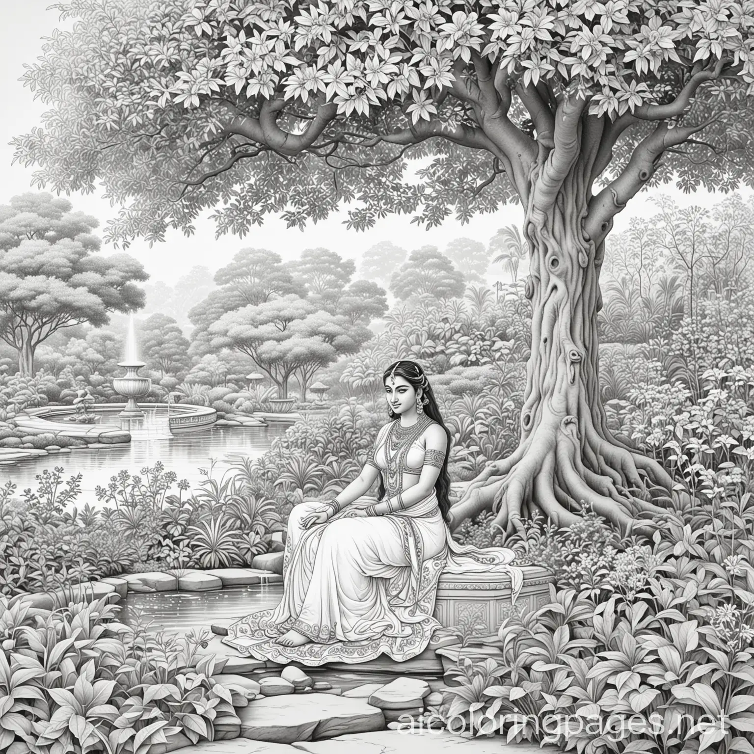 Relaxing-Goddess-Sita-Coloring-Page-in-Ashoka-Vatika-Garden