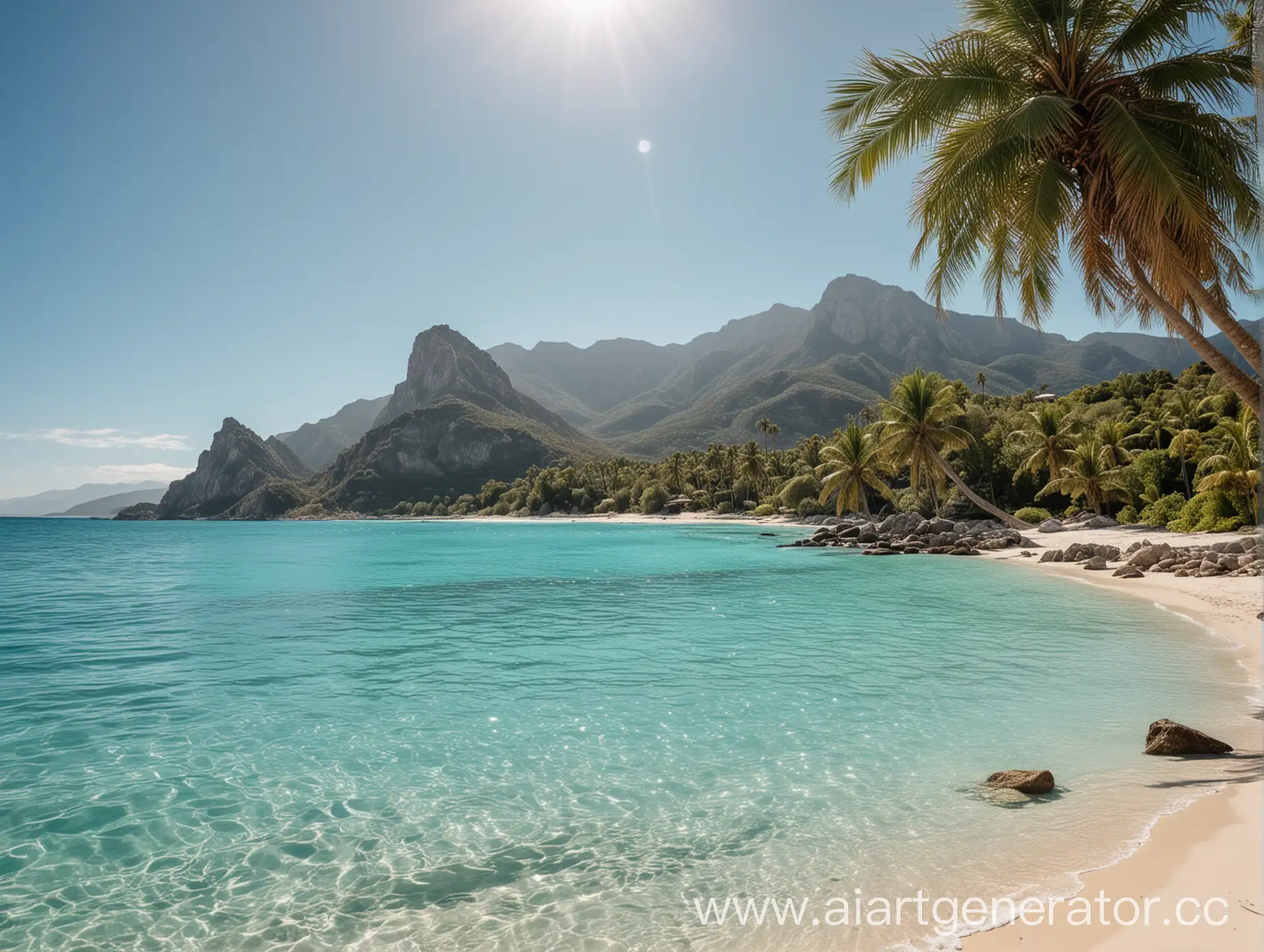 Tropical-Beach-Paradise-Serene-Turquoise-Waters-Palm-Trees-and-Majestic-Mountains
