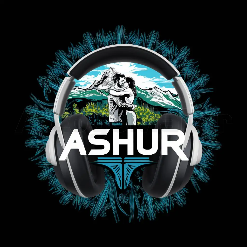 a logo design,with the text "ASHUR", main symbol:headphones, nature, black background, colorful, man and woman hugging on a mountain,complex,be used in Travel industry,clear background
