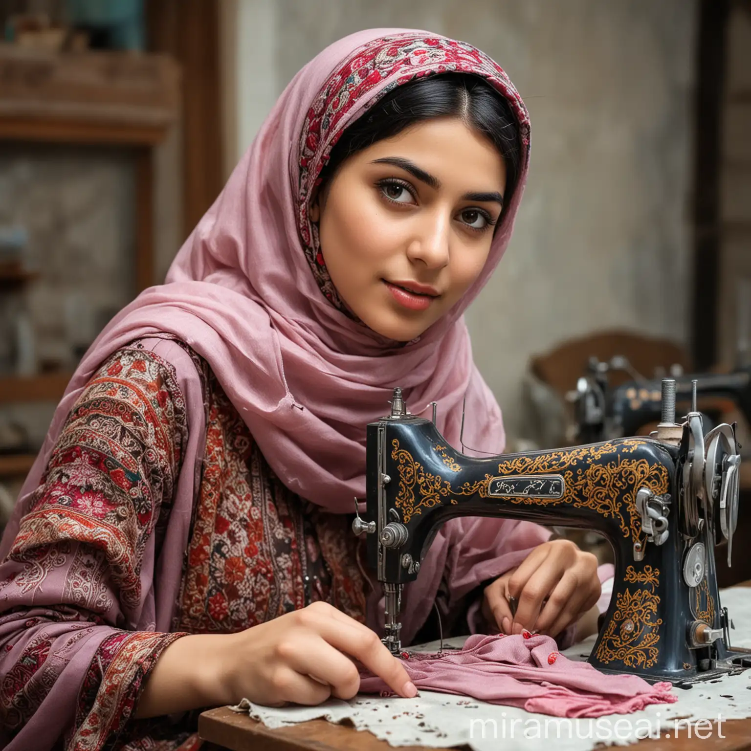 Young Iranian Woman in Traditional Hijab Seamstress Scene with Broken Sewing Machine