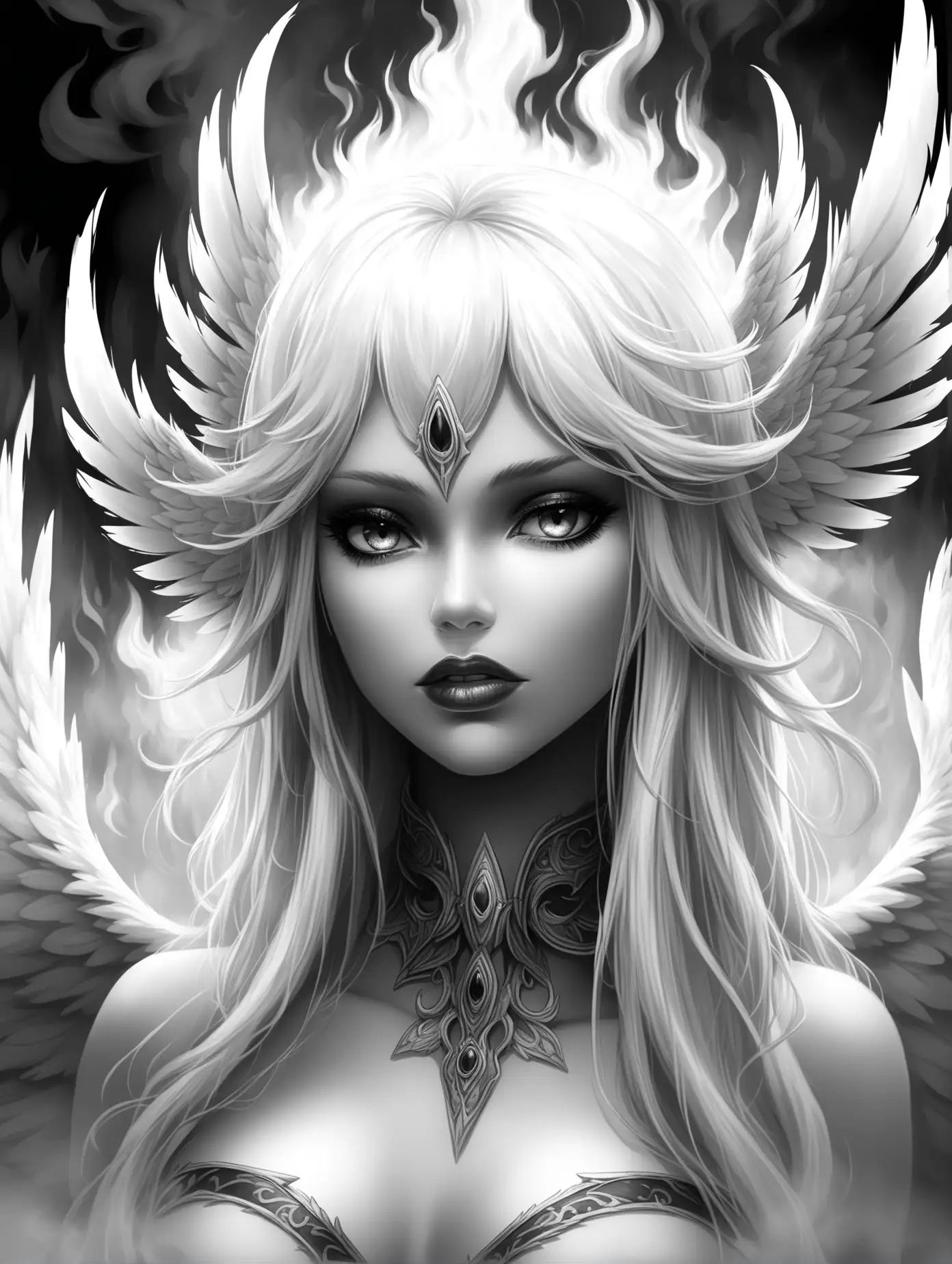 Black and white Illustration of a beautiful girl harpie, full lips, long white hair, , white wings, she's sexy, , fog, flames, cinched waist, close up portrait 