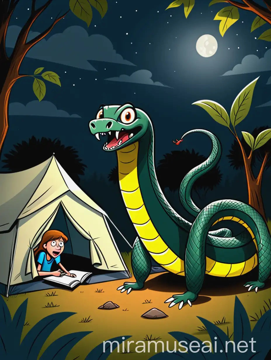 Draw a cartoon picture:Several students outside the tent were frightened when they saw the snake at night.It's more cartoonish.