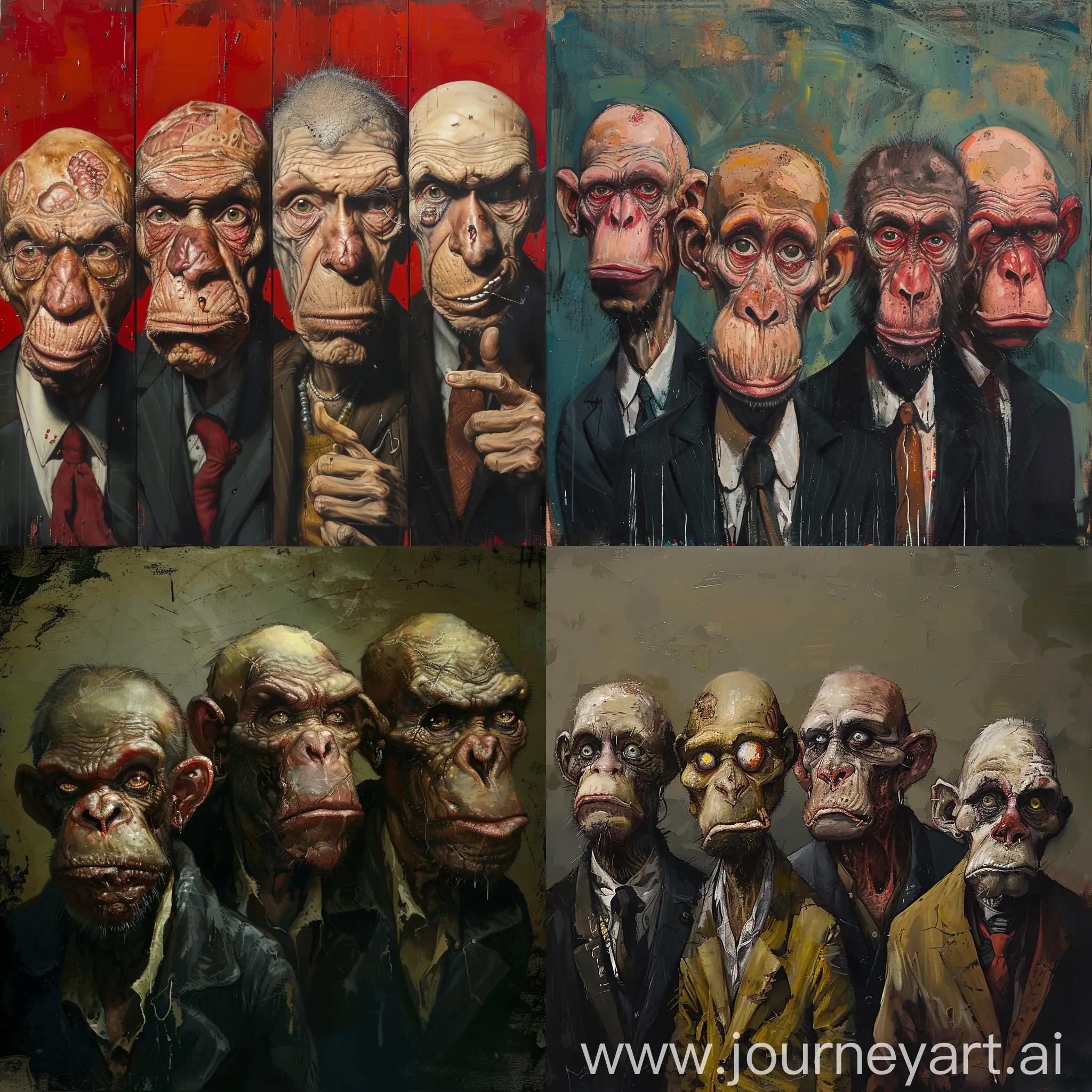 Gang of four men.  One is rotting, the second looks like a monkey, the third is bald, the fourth is the head of a gang.