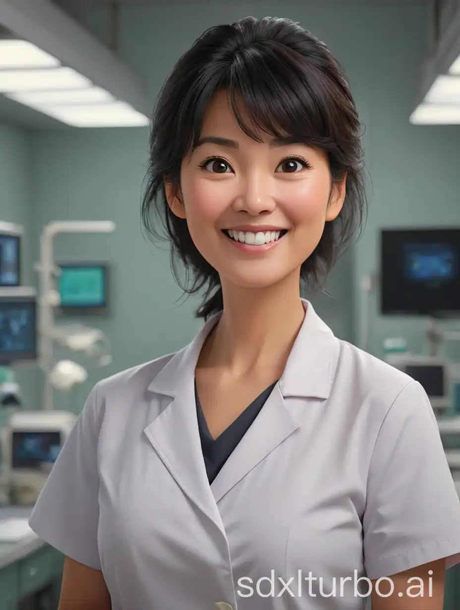 Pixelated photograph of a mature Chinese female doctor, celebrity face, inside dark-colored surgical scrubs, outside white lab coat, with bangs of black hair, friendly smile, blush, fine detail, glossy finish, simple operating room background, 3D render, soft focus, oc,blender,IP,8k, super high detail, CFG 7.5, Refiner 0.8