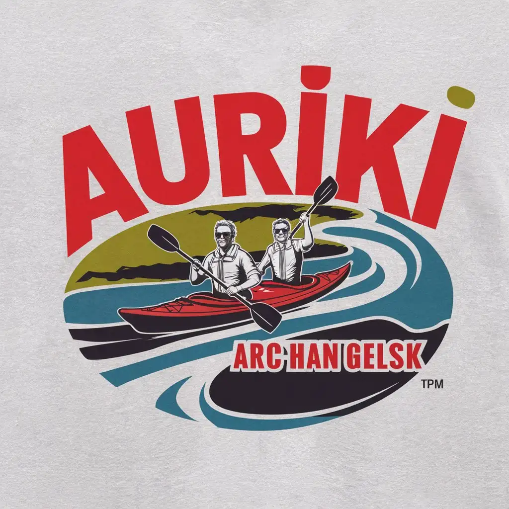 a logo design,with the text 'AURIKI', main symbol:2 TOURISTS sail on a kayak DOWN A RIVER with paddles in panamas and sunglasses, 'archangelsk' written at the bottom, bright text, red writing, round or oval river background, white background,Moderate,be used in Travel industry,clear background