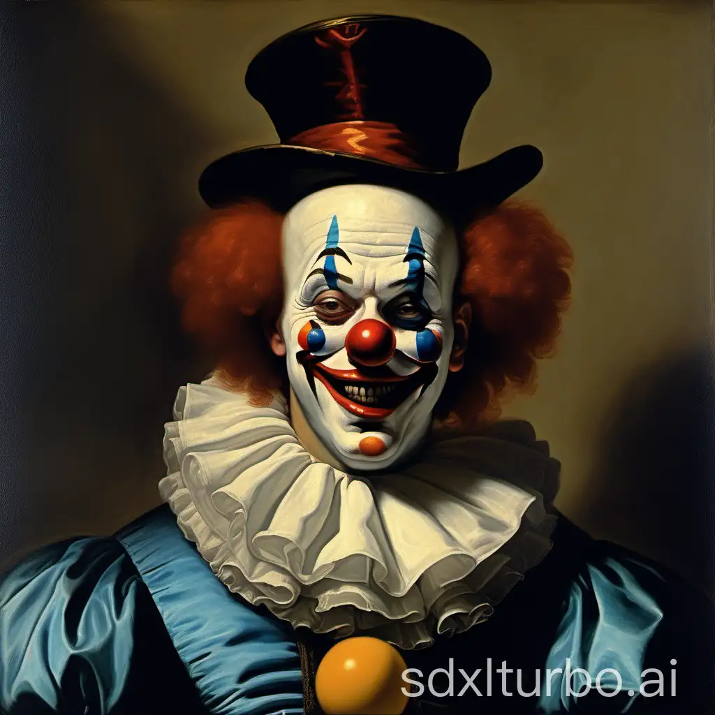 Rennaissance painting of clown with a creepy smirk on his face