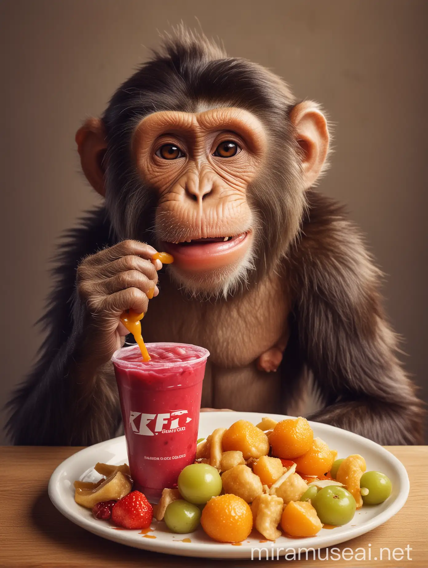 Hungry Monkey Enjoying KFC Meal with Refreshing Grapefruit Punch