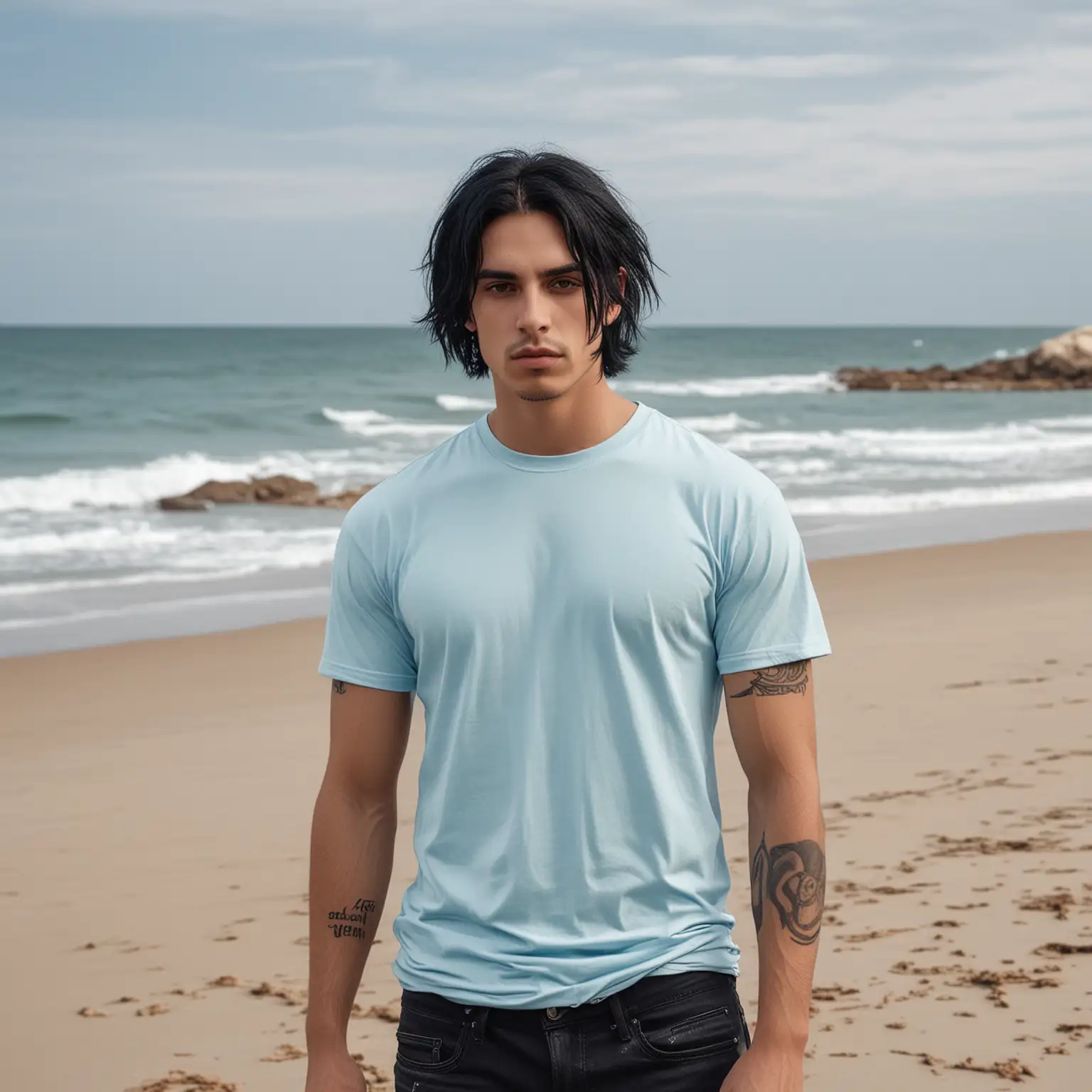 a mock up for a light blue tee.  the model should be male.  he should resemble a goth person.  the background should be a beach
