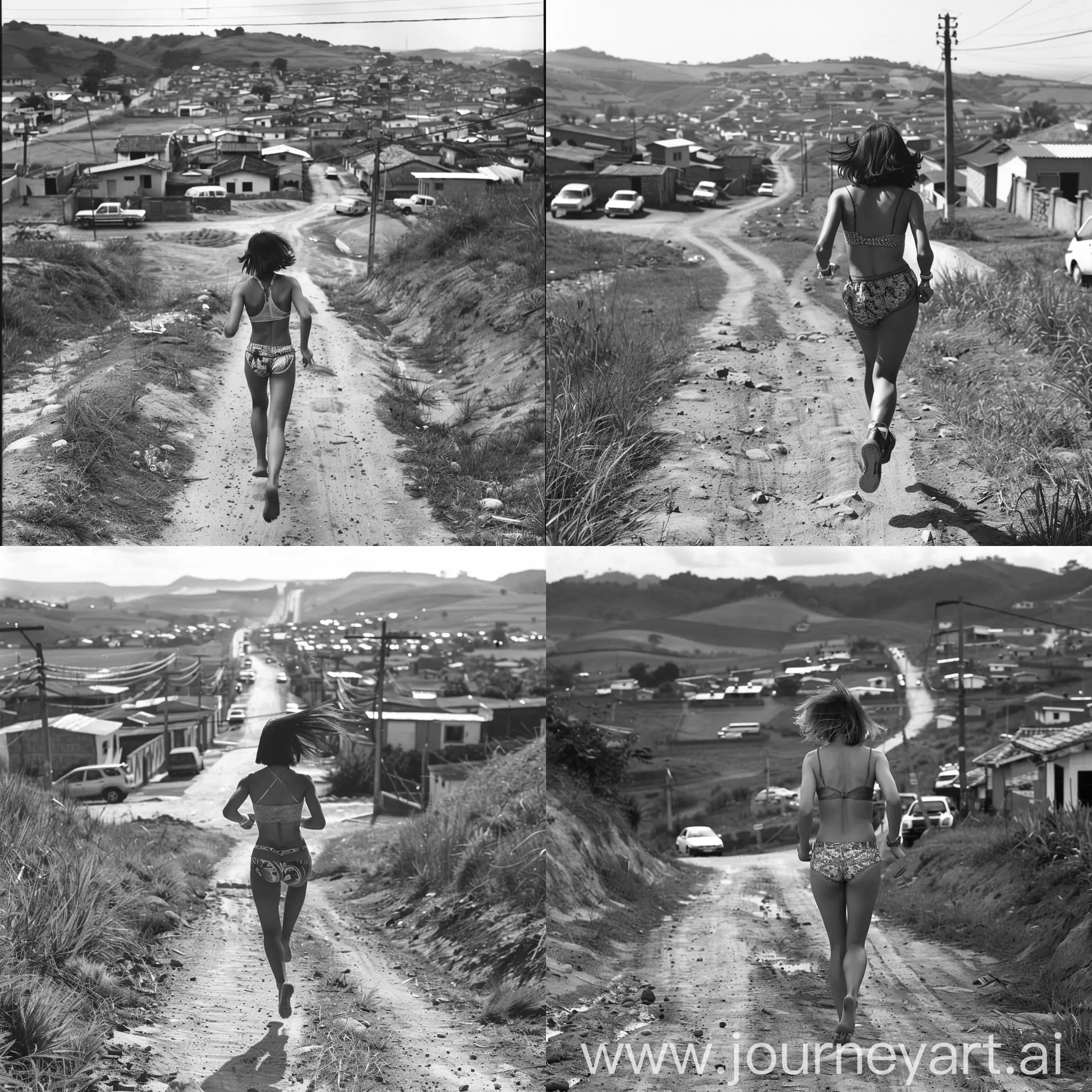A Brazilian girl, 16 years old, with short hair, is depicted running down a dirt road in a rural area. She wears a short shorts and a crop top, her long hair flowing behind her as she moves. The dirt road is lined with small houses, cars parked along the sides, and in the background, a sprawling community with hills can be seen.