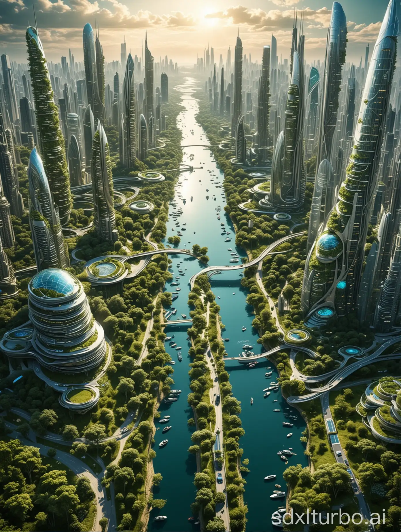 Future city ecological harmony technological innovation beautiful future