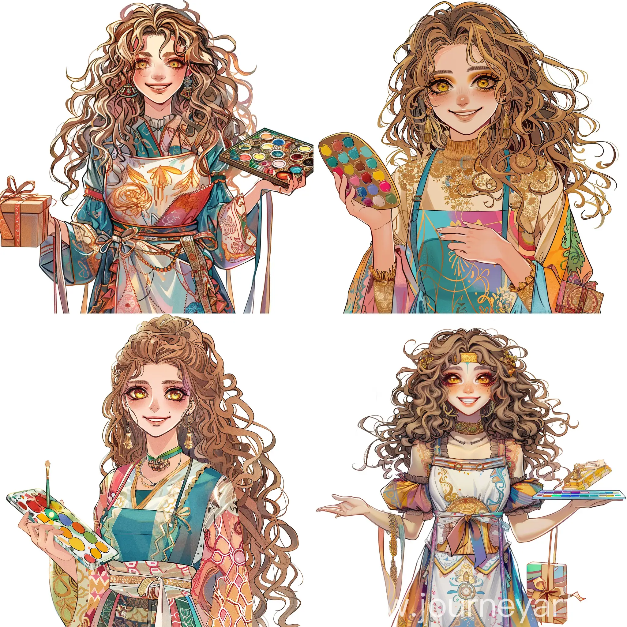 A (((cute Lebanese anime artist woman holding a paint pallette and a gift box ))), with long face, spiral frizzy curly light brown hair and striking, uplifted (((bright yellowish eyes))), with eyeliner, wearing a colorful, artfully drawn drawing apron and long, intricate clothing, smiling all against a (((white background)))