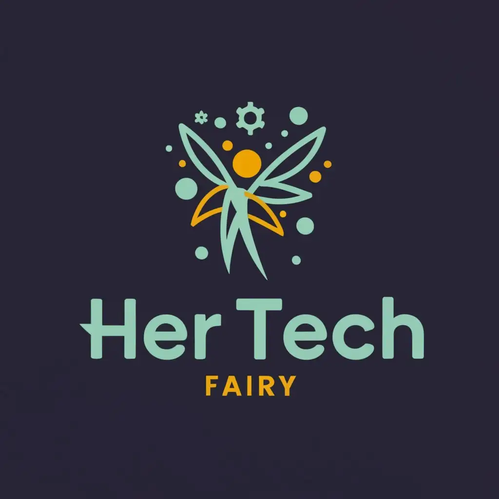 a logo design,with the text "HER Tech Fairy", main symbol:fairy, laptop, cog, TF,Moderate,clear background