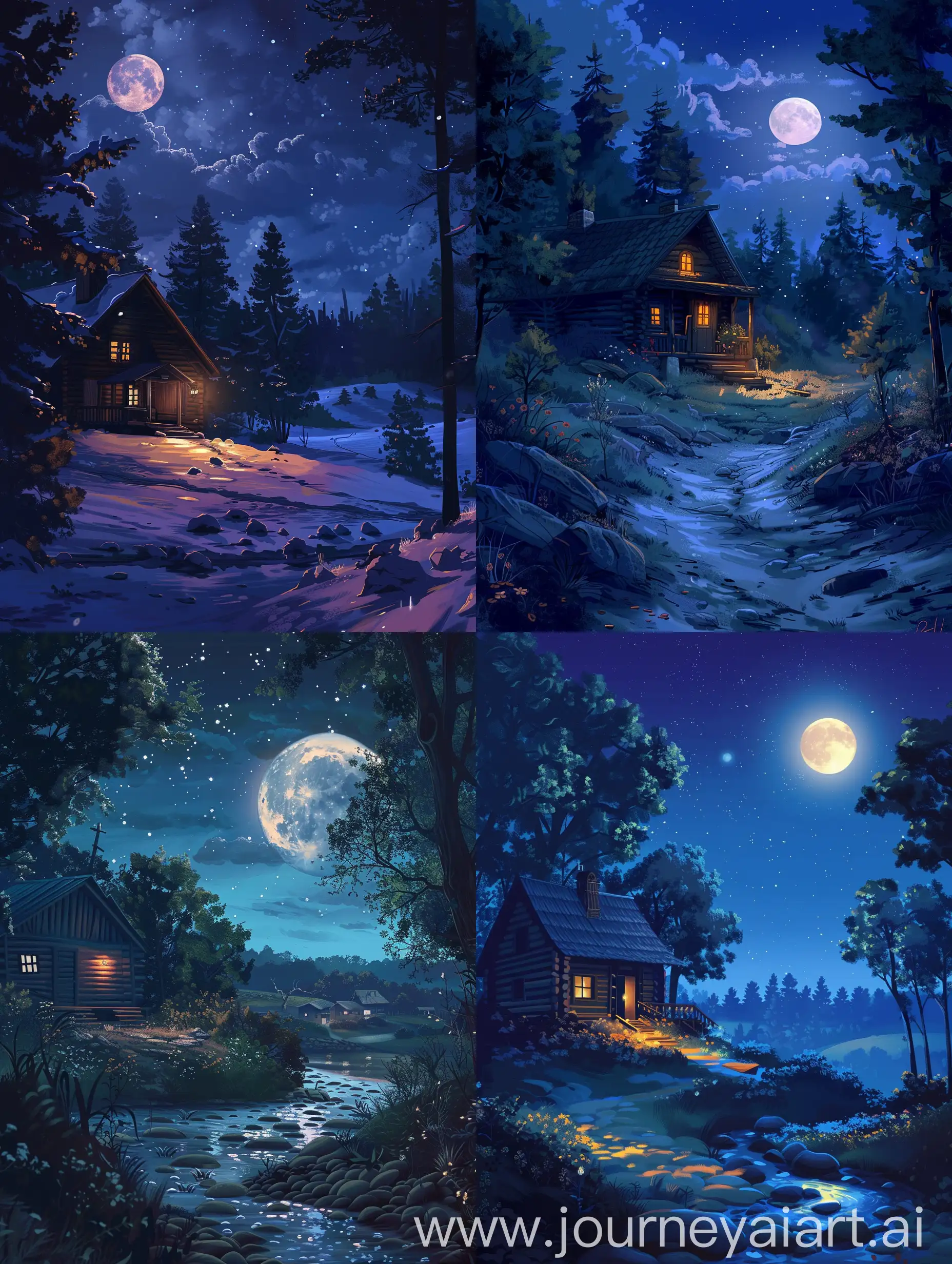Moonlit-Night-Scene-of-a-Cabin-in-the-Woods