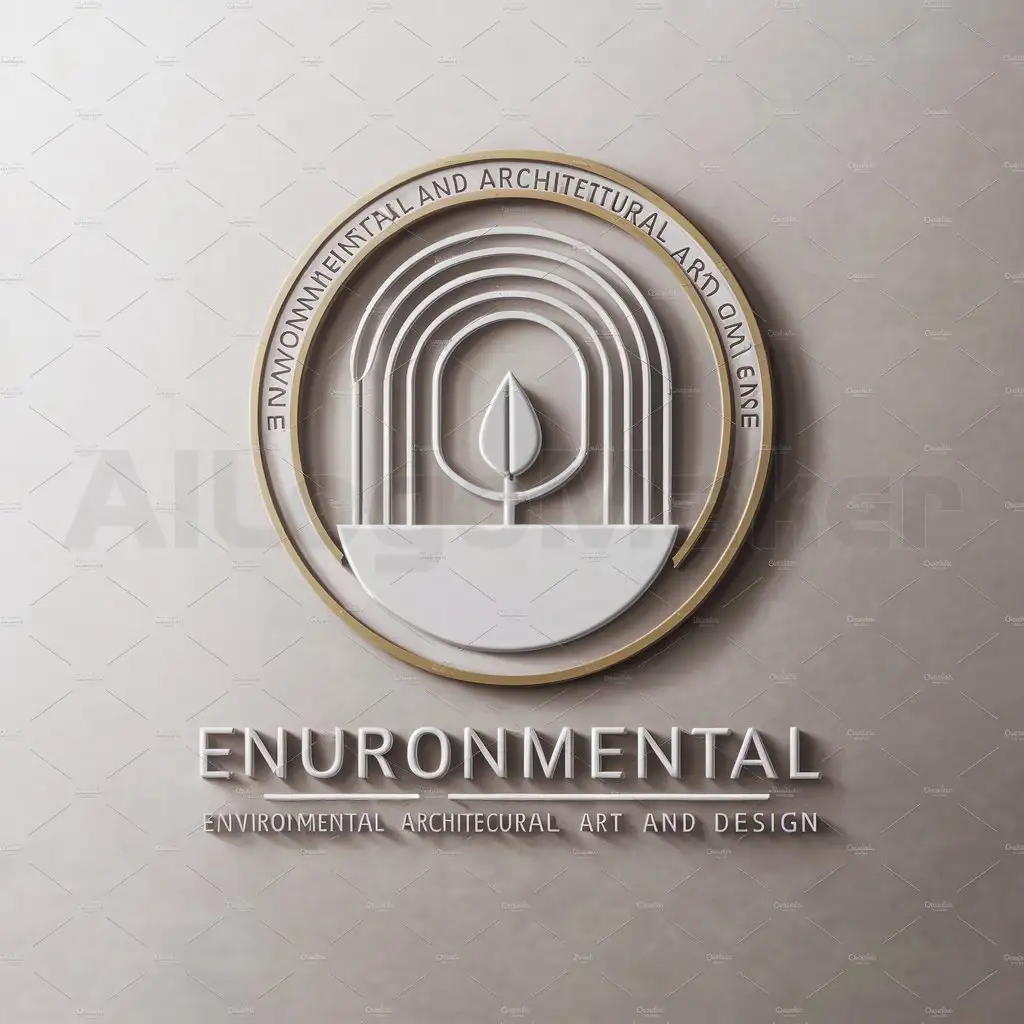 a logo design,with the text "Environmental and Architectural Art and Design", main symbol:roundness logo,Gold border white round bottom,linearity,Concentric circles, the center of which is the bud opening out of the house frame,Minimalistic,be used in Construction industry,clear background