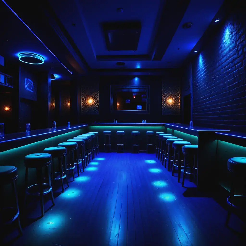 an empty dim light, blue light, nightclub