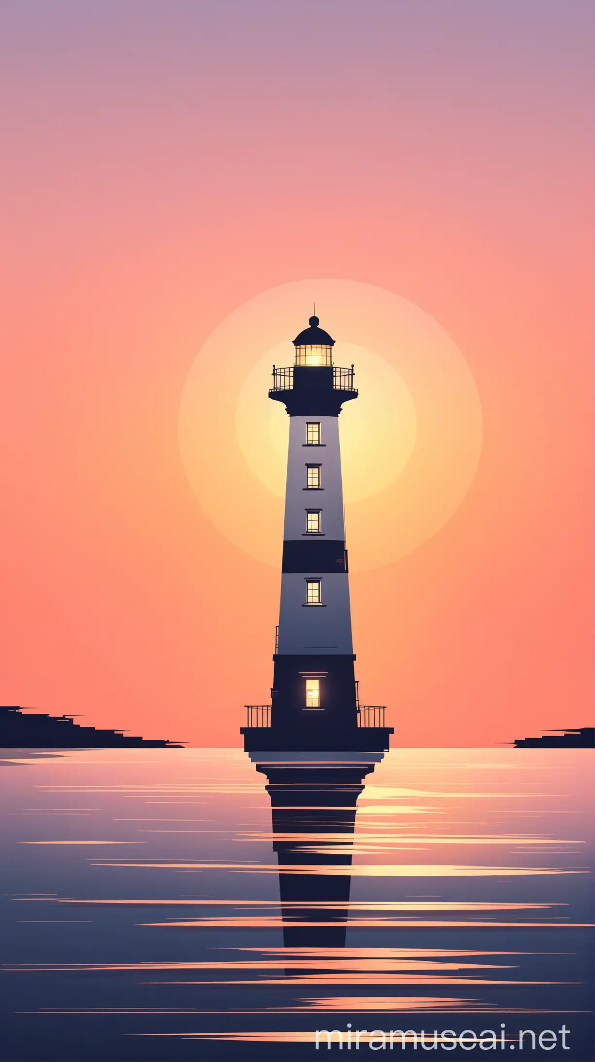 Minimalist Vector Illustration Serene Sunset Lighthouse Landscape