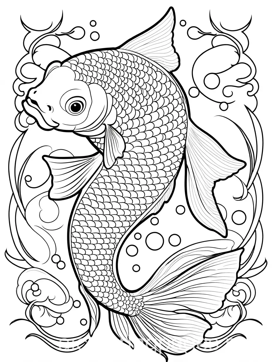 doitsu koi fish, 
   adult, 
, Coloring Page, black and white, line art, white background, Simplicity, Ample White Space. The background of the coloring page is plain white to make it easy for young children to color within the lines. The outlines of all the subjects are easy to distinguish, making it simple for kids to color without too much difficulty